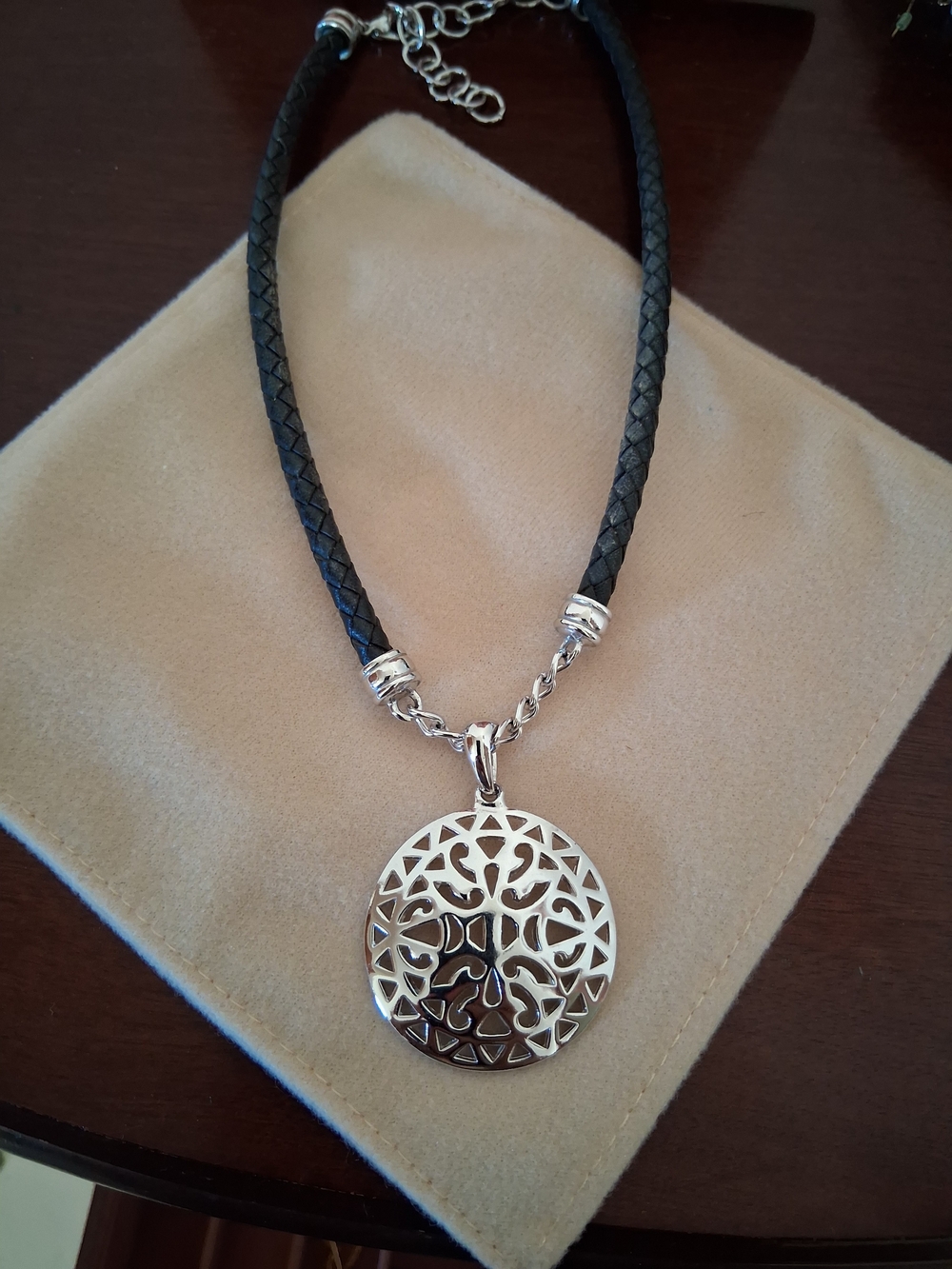 Black Braided Cord Necklace with Silver Filigree Pendant